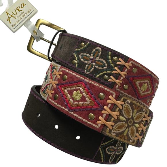 Aura by Wrangler Leather Belt Womens XL Embroidered Boho Hippie Festival Western - Picture 1 of 12
